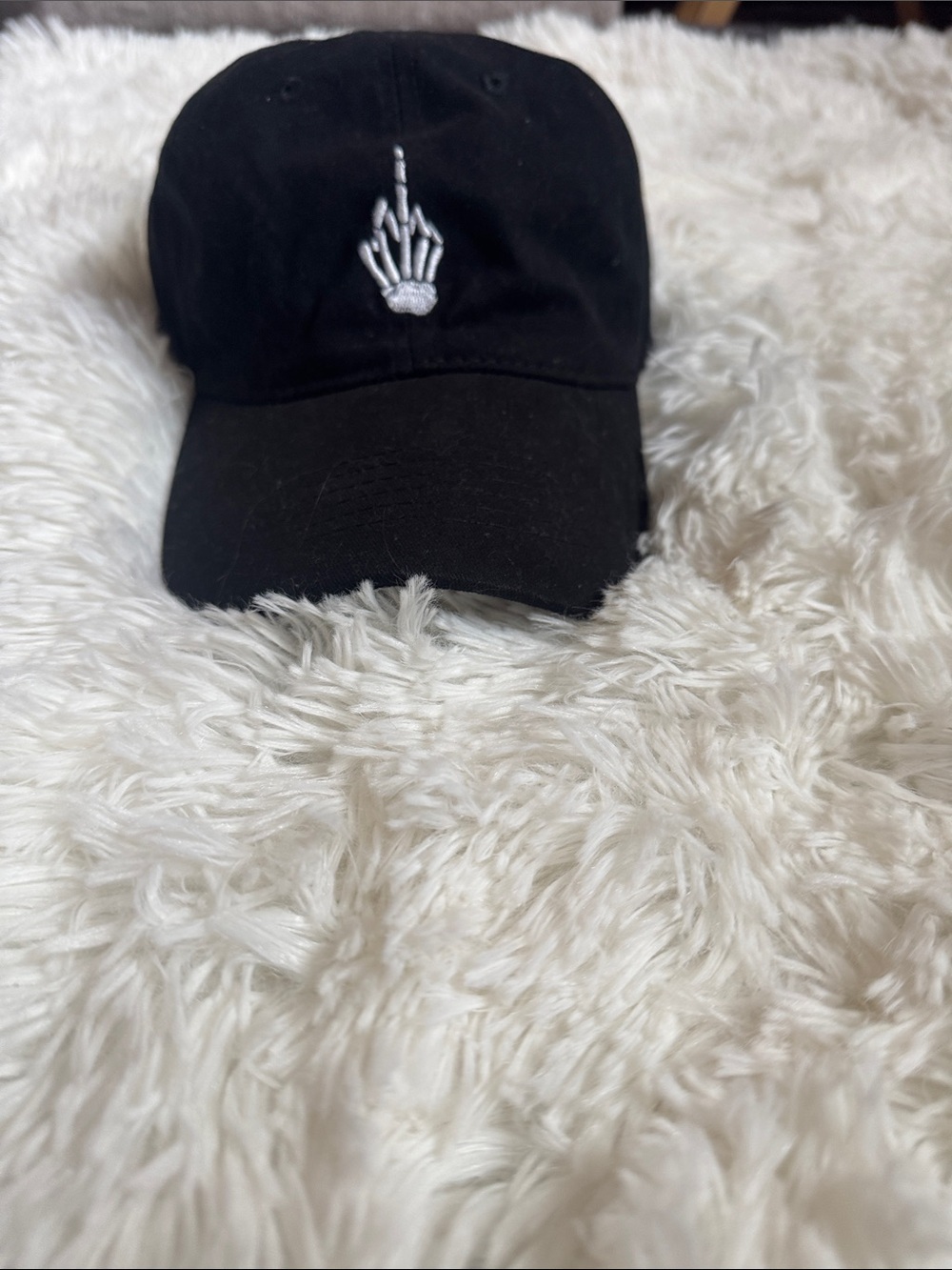Black Baseball Cap with White Skeleton Hand Embroidery